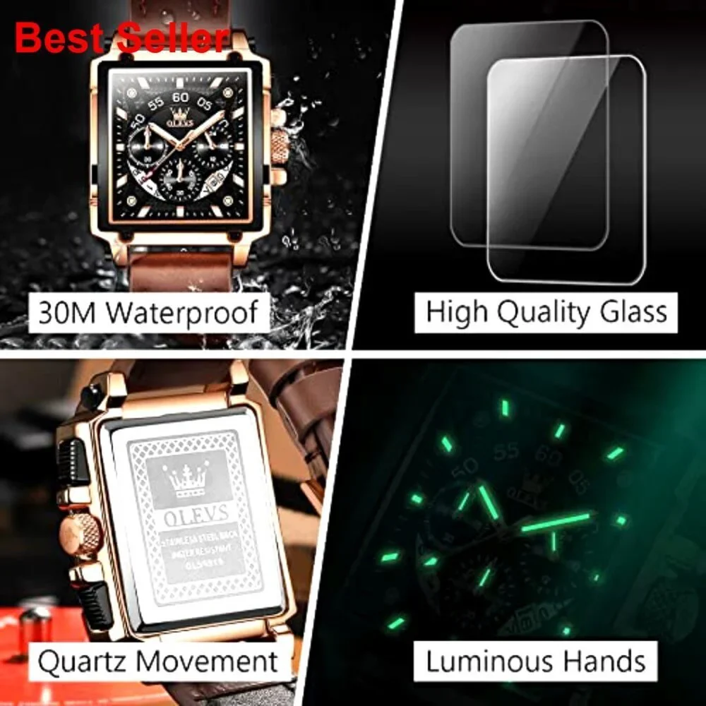 Men's Leather Chronograph Watch with Luminous Date Water Resistant